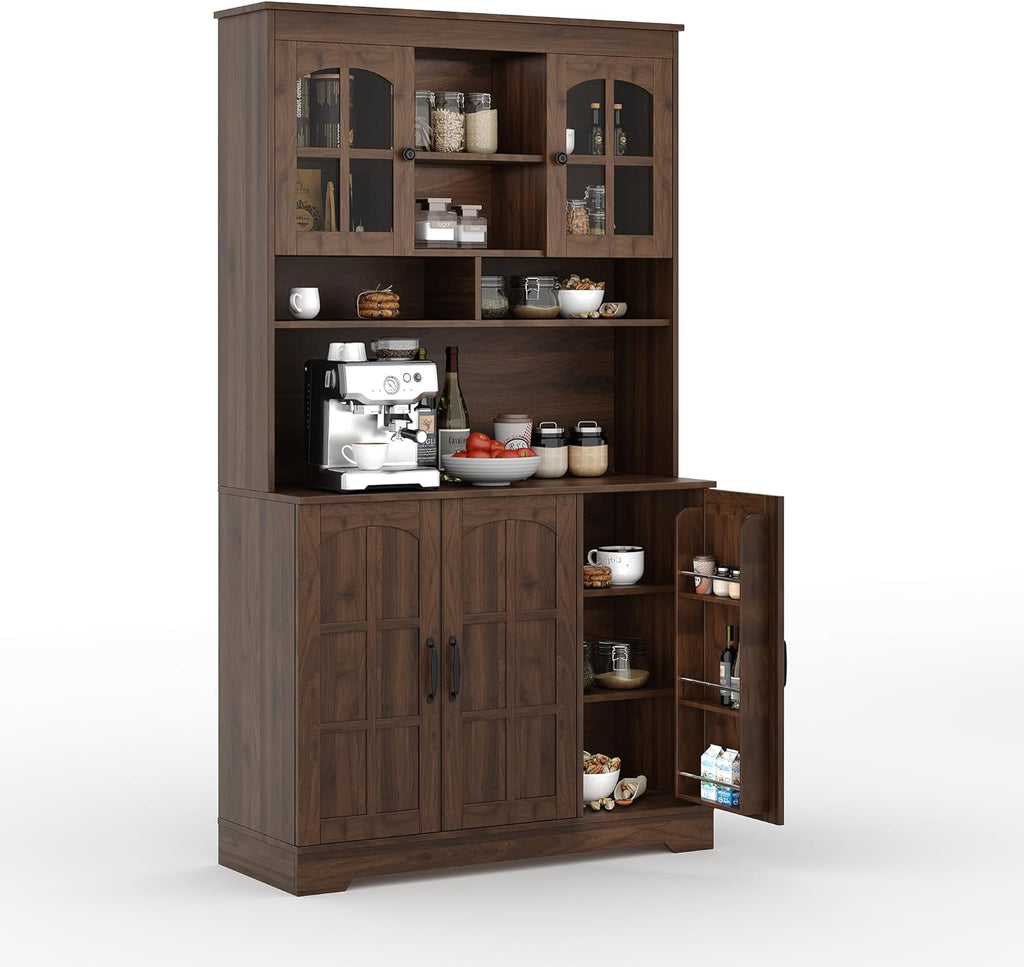 70.9" Tall Kitchen Pantry Cabinet with Glass Doors and Hutch, Freestanding Storage Cupboard with 5 Cabinets, Open Shelves & Inner Door Spice Racks, Multi-Purpose Organizer for Dining Room, Kitchen