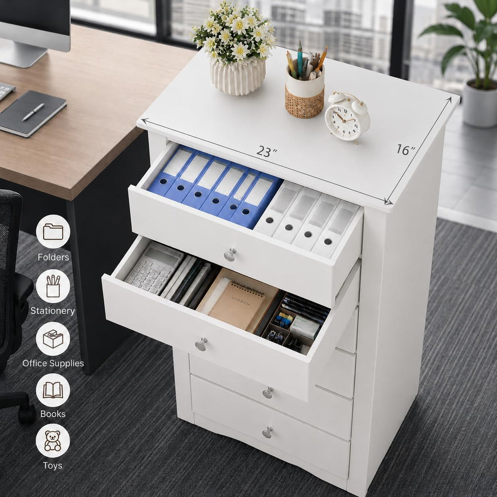 POWERSTONE 6-Drawer Storage Cabinet, 53 Inch Tall Wooden File Cabinet with Metal Pull Handles, Multi-Functional Office Supplies Organizer for Home Office, Living Room, Hallway, Entryway, White