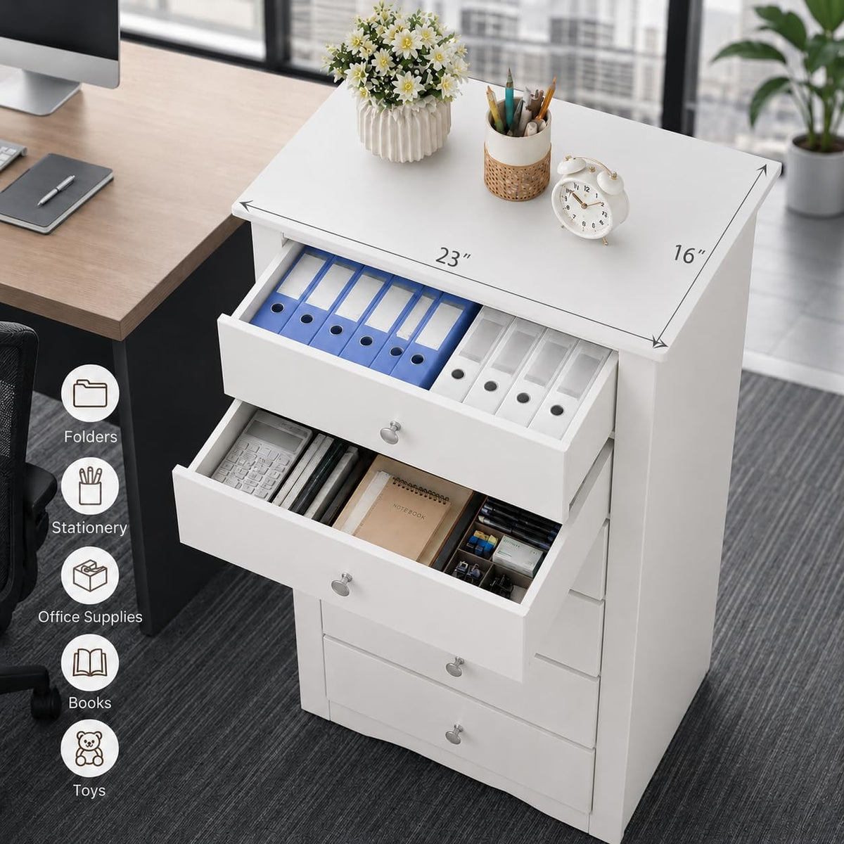 POWERSTONE 6-Drawer Storage Cabinet, 53 Inch Tall Wooden File Cabinet with Metal Pull Handles, Multi-Functional Office Supplies Organizer for Home Office, Living Room, Hallway, Entryway, White