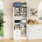 Bigbiglife Farmhouse Kitchen Pantry Cabinet with LED Lights and Power Strip, Tall Kitchen Storage Cabinet, Kitchen Hutch with Microwave Stand & Barn Doors and Drawers for Dining Room (White)