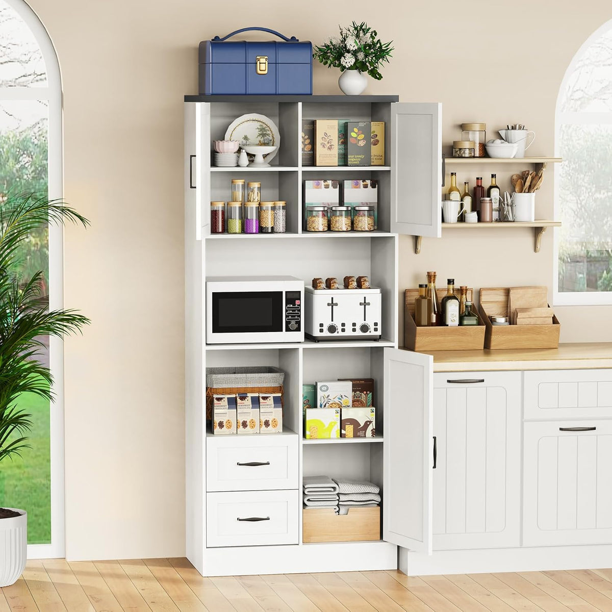 Bigbiglife Farmhouse Kitchen Pantry Cabinet with LED Lights and Power Strip, Tall Kitchen Storage Cabinet, Kitchen Hutch with Microwave Stand & Barn Doors and Drawers for Dining Room (White)
