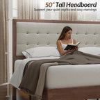 Jocisland Queen Bed Frame Solid Wood,50" Tall Upholstered Headboard,Walnut