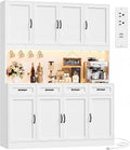 HITHOS 73" Tall Kitchen Pantry Storage Cabinet, Large Charging Hutch, White | Wood Kitchen Pantry Cabinet with Charging Station, Kitchen Hutch Storage Cabinet with Countertop, Food Pantry with LED Light