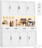 HITHOS 73" Tall Kitchen Pantry Storage Cabinet, Large Charging Hutch, White | Wood Kitchen Pantry Cabinet with Charging Station, Kitchen Hutch Storage Cabinet with Countertop, Food Pantry with LED Light