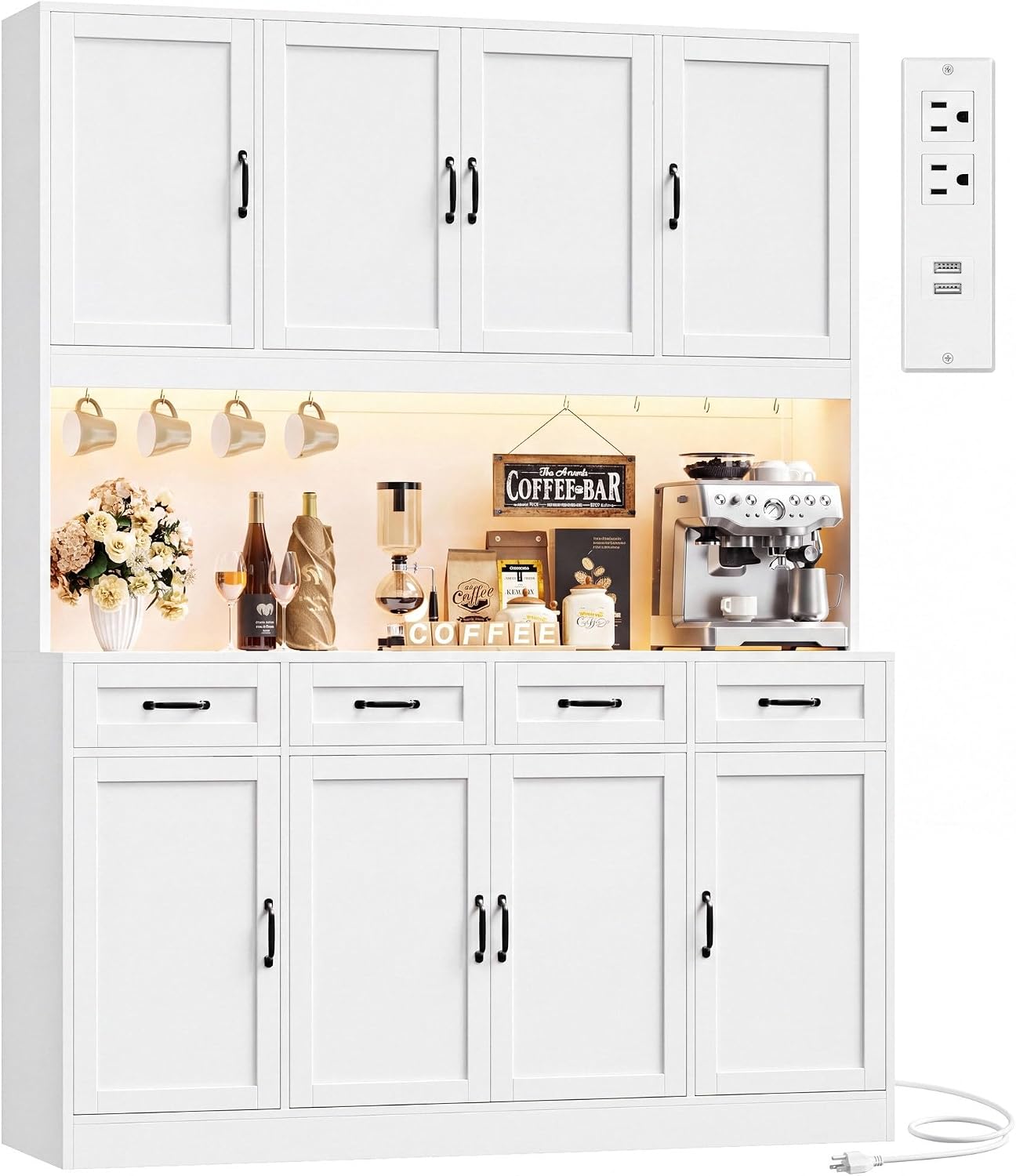 HITHOS 73" Tall Kitchen Pantry Storage Cabinet, Large Charging Hutch, White | Wood Kitchen Pantry Cabinet with Charging Station, Kitchen Hutch Storage Cabinet with Countertop, Food Pantry with LED Light