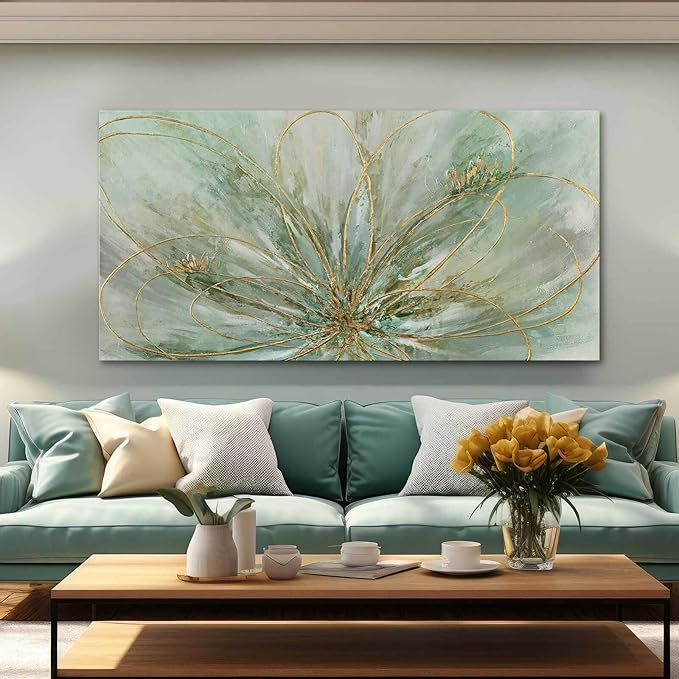 YJYart Green Flowers Canvas Wall Art Modern Paintings with Gold Foil Abstract Nature Wall Decorations for Home Office Living Room Bedroom 24" x 48"