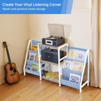 FurnitureR 3-Tier End Table with Record Player Stand and Vinyl Storage, Multi-Purpose Side Table Bookcase and Magazine Rack with Dual-Sided Fabric Pockets, Display Shelf Organizer, Blue/White