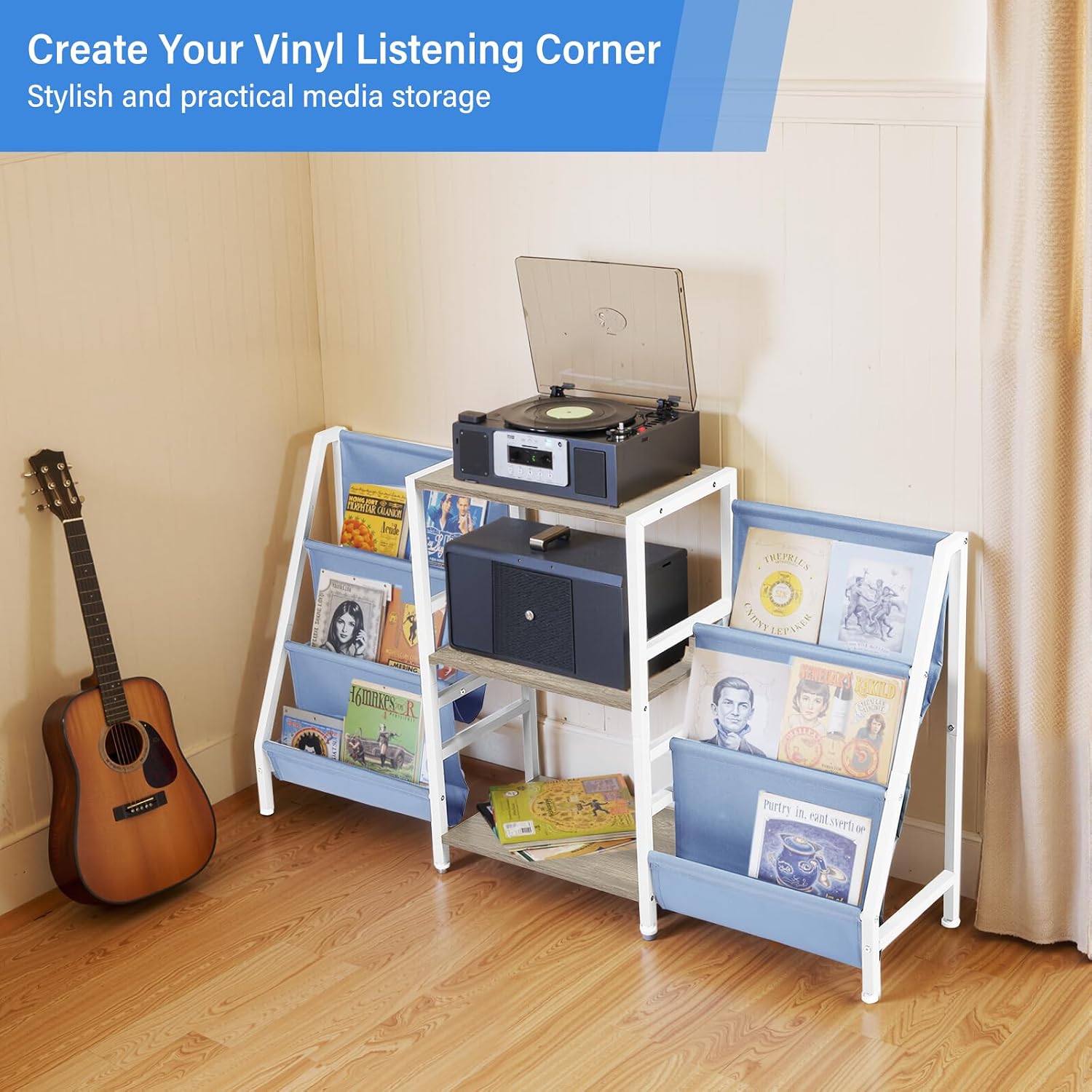 FurnitureR 3-Tier End Table with Record Player Stand and Vinyl Storage, Multi-Purpose Side Table Bookcase and Magazine Rack with Dual-Sided Fabric Pockets, Display Shelf Organizer, Blue/White