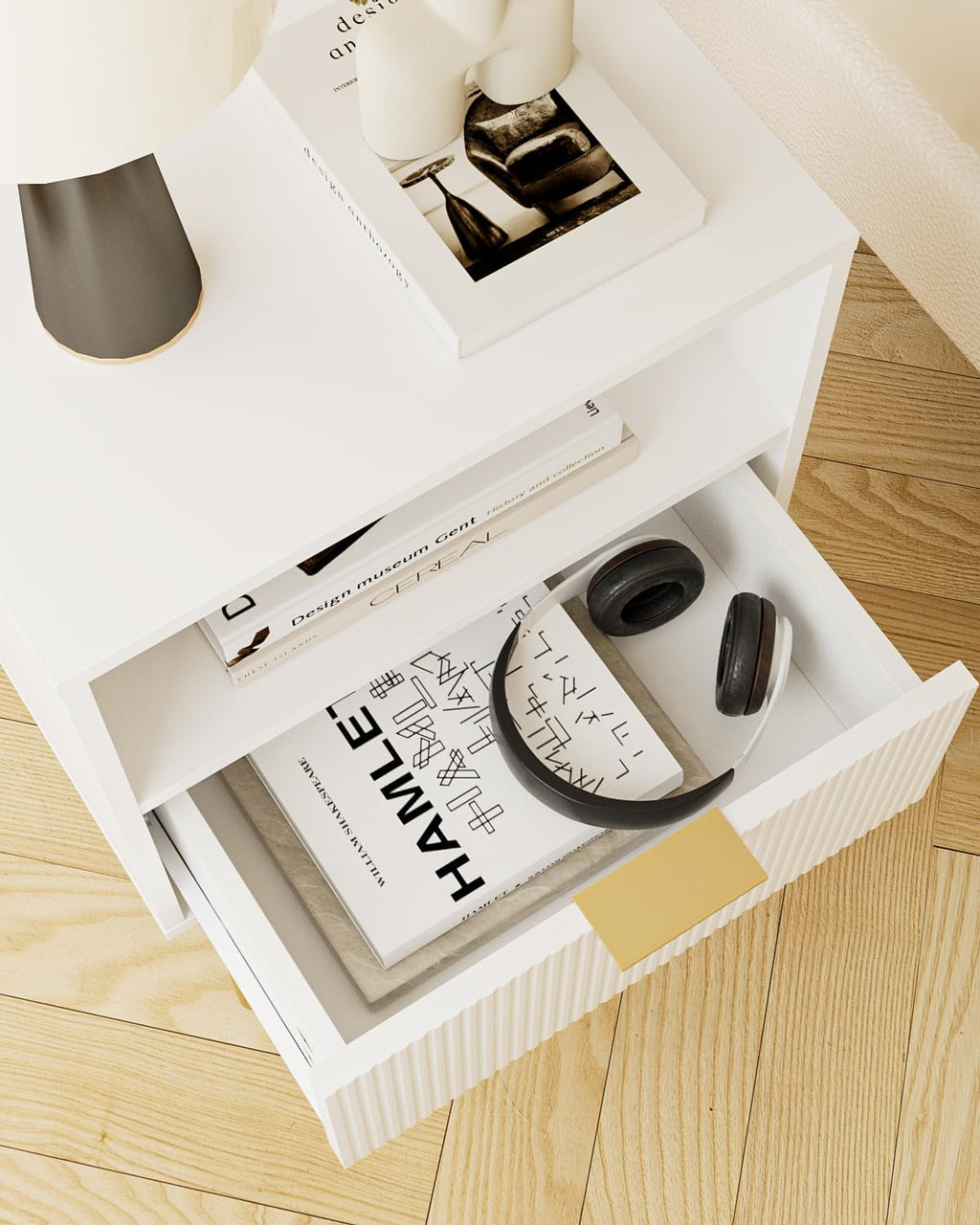 Aienvey Night Stand, Modern Nightstand with Drawers, Bedside Table, Gold Small Side Table for Bedroom, Living Room End Table (White Stripe, 1 Drawer)