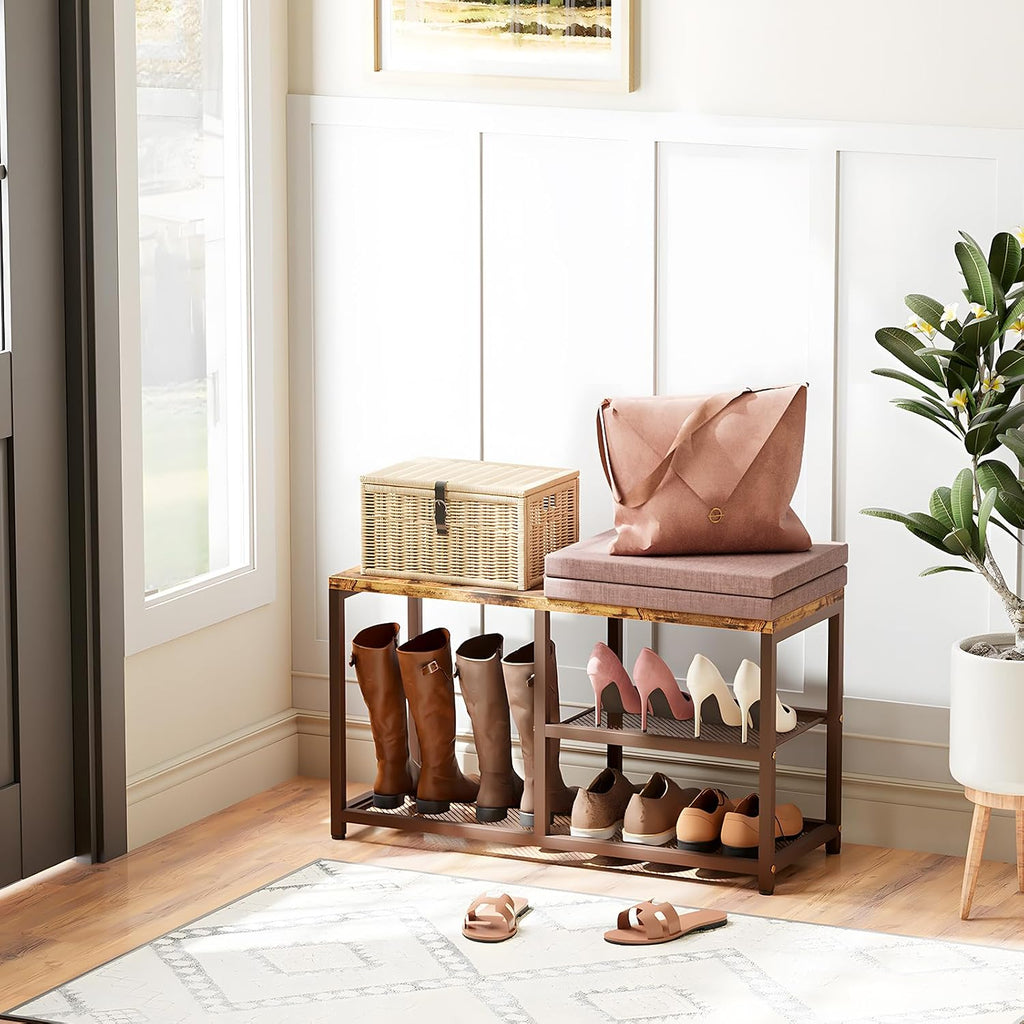 Shoe Rack Bench for Entryway 3-Tier, Free Standing Shoe Racks with Seat Cushion, Narrow Shoe Storage Shelf with Boot Organizer, Shoe Rack for Small Spacesh with Wood Bench (Brown+Brown)