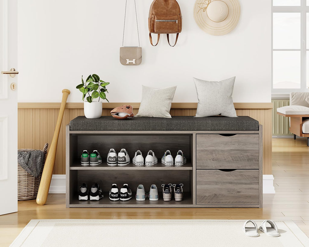 LVB 2-Tier Storage Bench with Padded Cushion, Entryway Shoe Bench with 2 Drawers, 2 Barn Doors & Adjustable Shelf, Industrial Style for Foyer, Bedroom, Living Room, Greige, 40 Inch
