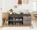 LVB 2-Tier Storage Bench with Padded Cushion, Entryway Shoe Bench with 2 Drawers, 2 Barn Doors & Adjustable Shelf, Industrial Style for Foyer, Bedroom, Living Room, Greige, 40 Inch