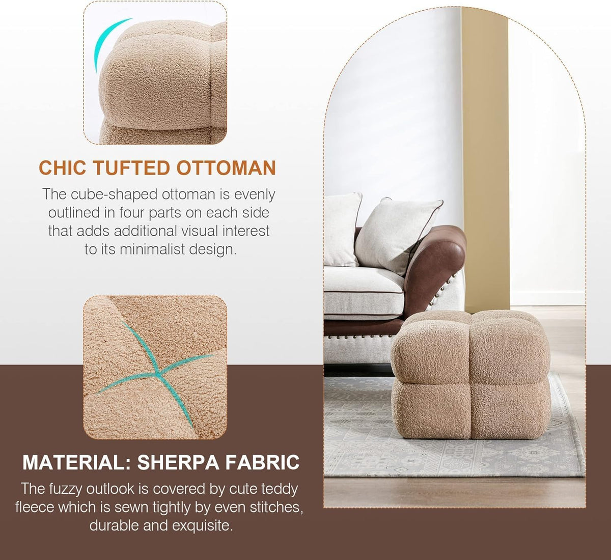 Zesthouse Square Pouf Ottomans Set of 2, Modern Vanity Chair for Bedroom | Sherpa Fabric Foot Rest for Couch, Upholstered Tufted Footstool, Poofy Ottoman Seat for Living Room Dorm, Fluffy Ottoman Tan