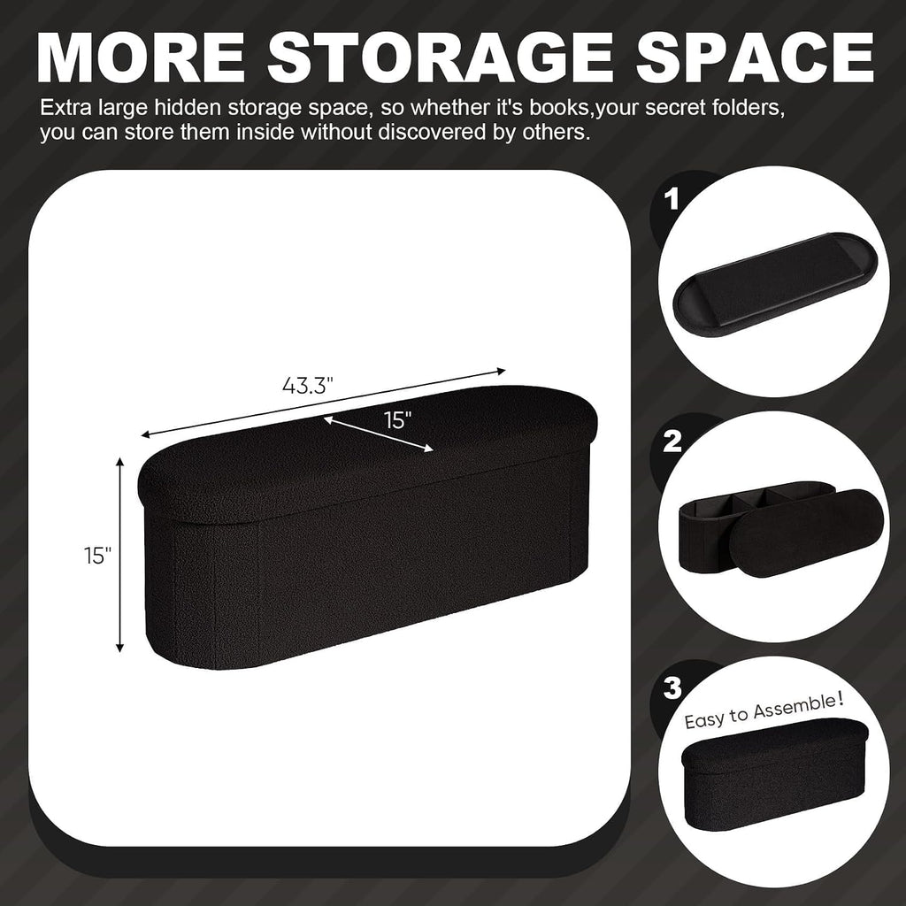 PINPLUS Storage Ottoman Bench Tufted Oval Ottomans Bench Foot Rest, Chest Box Velvet Bench with Storage 43"x15"x15" (Black)