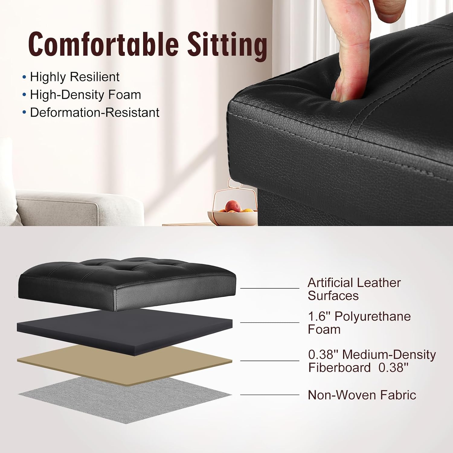 Storage Ottoman, Upgraded 17" High Folding Foot Stools Ottoman Dorm, Black | Ottoman Foot Rest with Thicker Foam Padded Seat, Leather Small Ottoman Bench for Living Room Bedroom Coffee Table, 17x13x17in