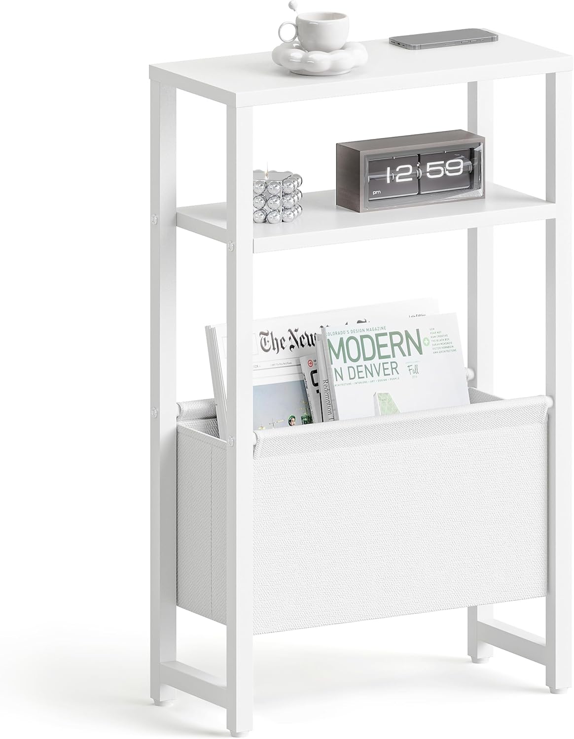 Narrow Side Table, Slim End Table with Magazine Rack, Skinny Bedside Table for Small Spaces, 3 Tier Sofa Couch Table Nightstand for Living Room, Bedroom, White LET503W