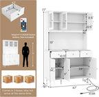 77" Large Kitchen Hutch with Charging Station, LED Pantry Cabinet with Microwave Shelf, Tall Cupboard with 4 Adjustable Shelves, 3 Drawers & Glass Doors, Dining Room Buffet with Hutch, White
