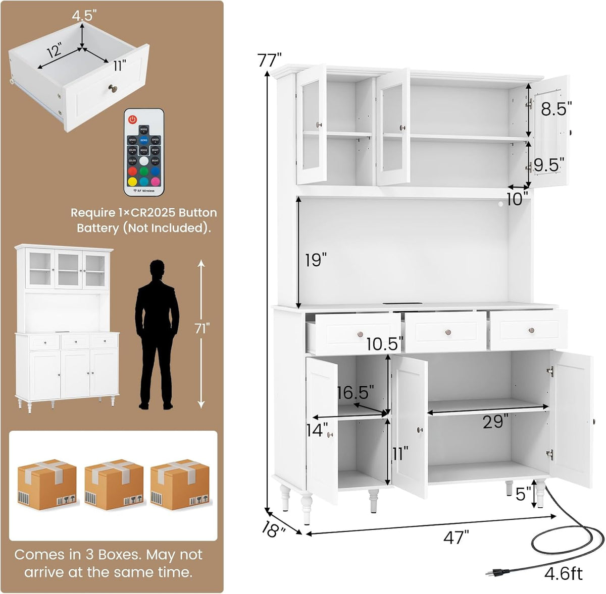 77" Large Kitchen Hutch with Charging Station, LED Pantry Cabinet with Microwave Shelf, Tall Cupboard with 4 Adjustable Shelves, 3 Drawers & Glass Doors, Dining Room Buffet with Hutch, White