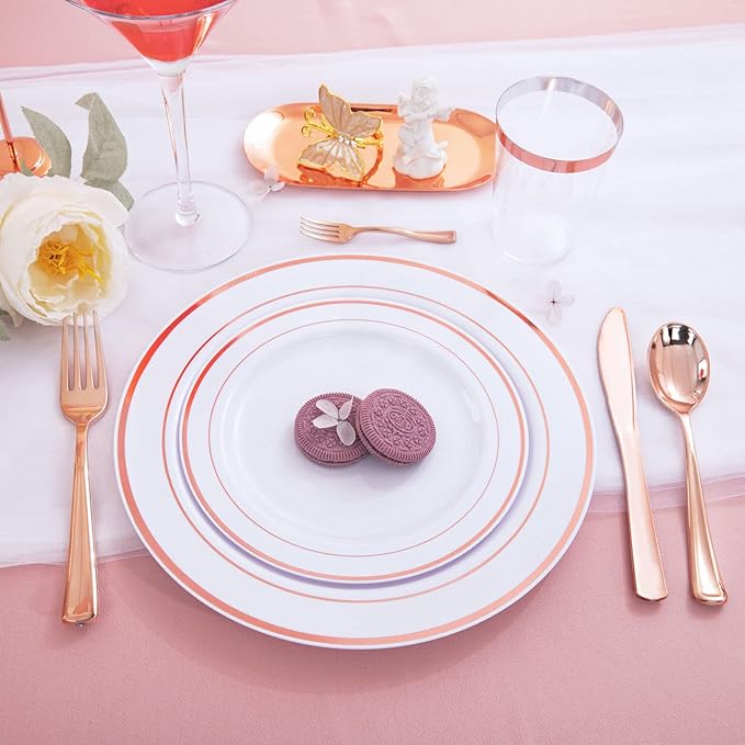 WDF160 Piece Rose Gold Disposable Cutlery Set - Heavyweight Plastic Silverware - Includes 80 Forks, 40 Spoons, 40 Knives - Rose Gold Silverware Perfect for Wedding/Party
