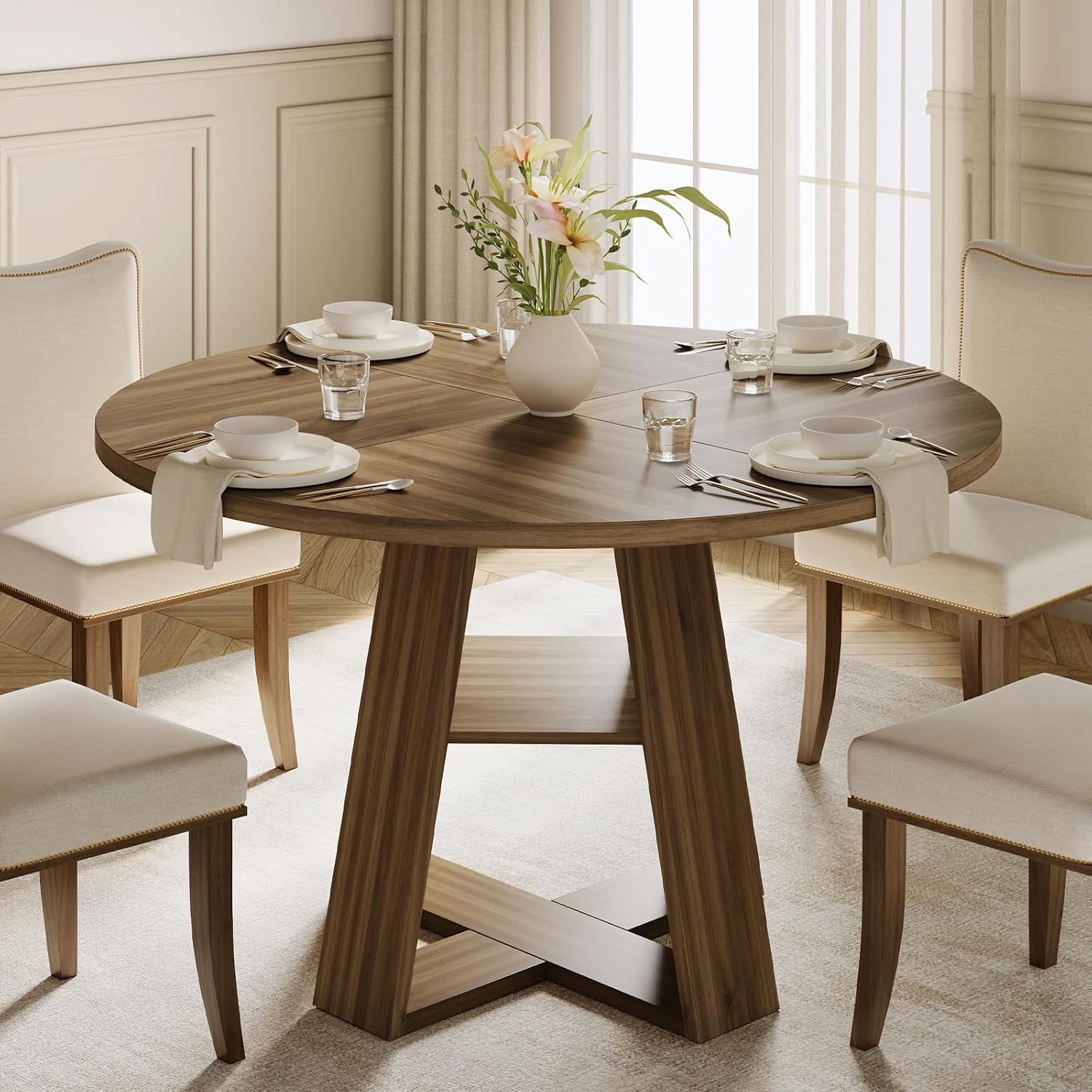 47.2" Round Dining Table for 4-6, Circle Kitchen Table with Open Storage Shelf, Farmhouse Dinner Table with Cross Pedestal Base for Dining Room, Kitchen, Living Room, Walnut