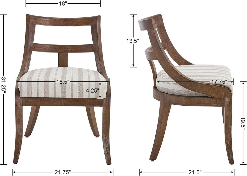 LZAREAL Modern Farmhouse Dining Chairs Set of 4 Mid Century Upholstered Dining Chair with Wooden Curved Back Kitchen Chairs for Dining Room Restaurant Cafe, Brown Walnut Colored-Linen Khaki Stripe