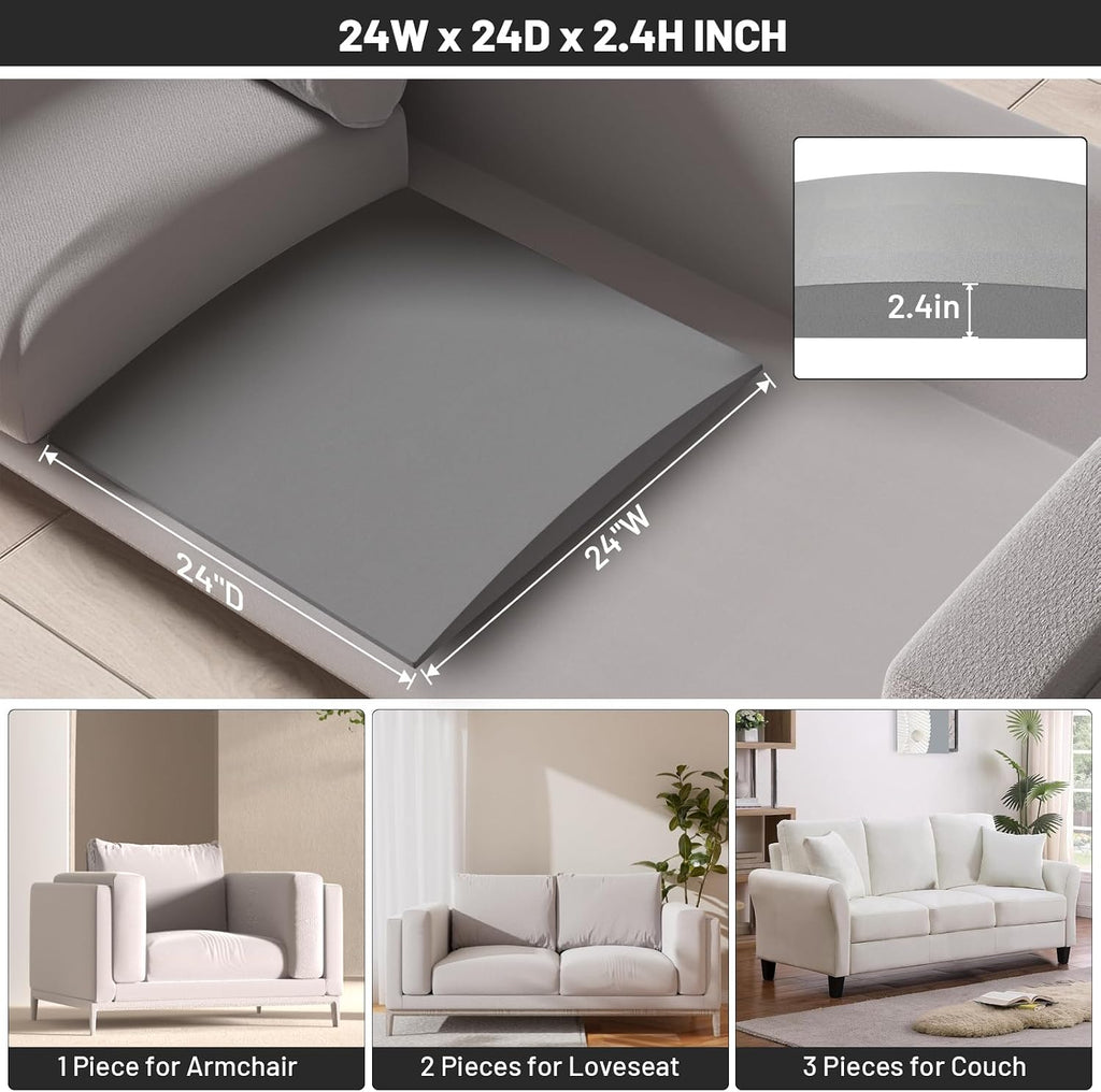Couch Cushion Support for Sagging Seat, 24"x24"x2.4" 40D High Density Curved Foam Sofa Cushion Support, Under-Cushion Sag Repair,Grey Set of 3