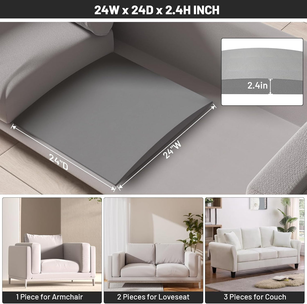 Couch Cushion Support for Sagging Seat, 24"x24"x2.4" 40D High Density Curved Foam Sofa Cushion Support, Under-Cushion Sag Repair,Grey Set of 3