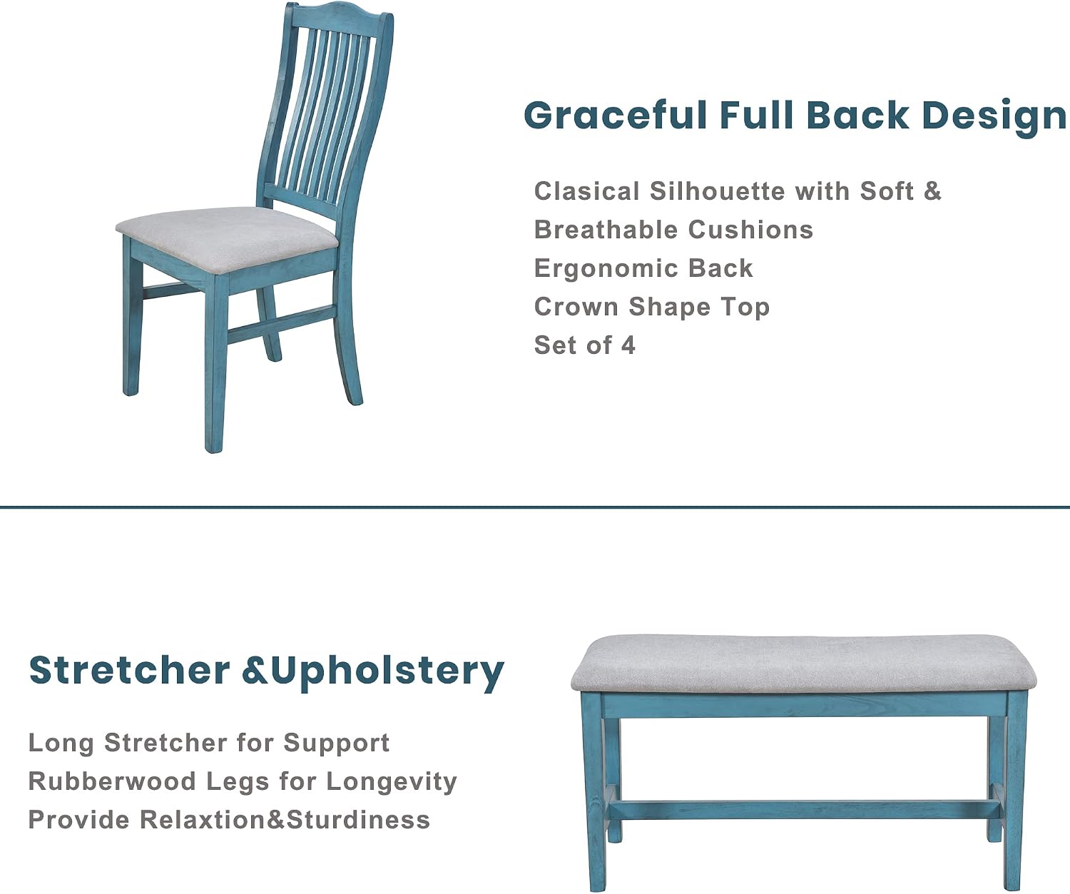 LUMISOL 6-Piece Dining Table Set with Bench, Farmhouse Solid Wood Kitchen Table Set with Bench, 4 Upholstered Chairs & Storage Drawers for Kitchen, Dining Room, Living Room, Antique Blue