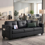 TYBOATLE 88'' Black Faux Leather Couch with USB, 3-Seater | Faux Leather Sofa for Living Room, Mid-Century Modern, Tufted Design, Wider Arms, Side Pockets, Office, Apartment, Bedroom