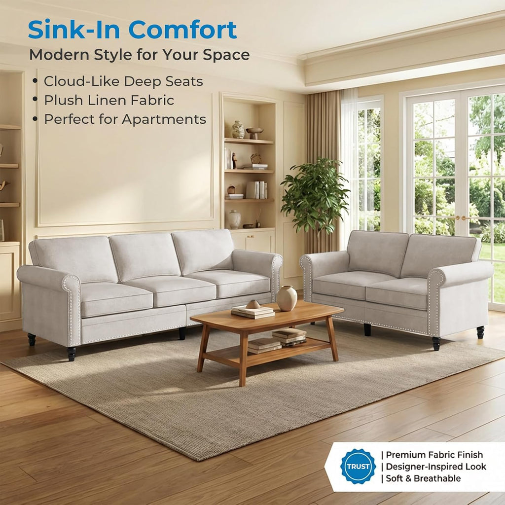 Mjkone 3 Pieces Living Room Sofa Set, Modern Sectional Sofa Couch and Loveseat & Armchair Set, Gourd Shape Wood Legs & Linen Fabric & Nailhead Trim Design Sofas Couches for Living Room, Beige