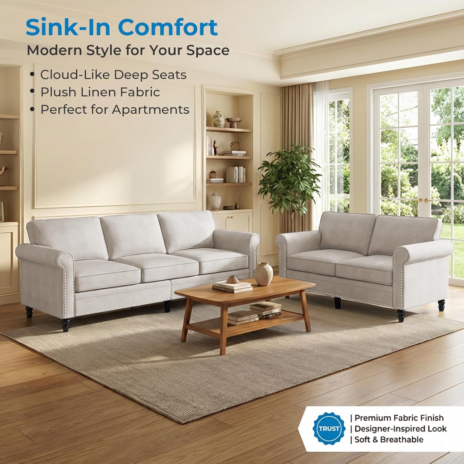 Mjkone 3 Pieces Living Room Sofa Set, Modern Sectional Sofa Couch and Loveseat & Armchair Set, Gourd Shape Wood Legs & Linen Fabric & Nailhead Trim Design Sofas Couches for Living Room, Beige