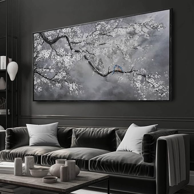 Plum Blossom Wall Art Framed Wall Art Decor Canvas Birds Wall Decorations Bedroom Picture Large Artwork for Living Room Dining Room 24”x48”