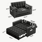 Marsail 3-in-1 Convertible Futon Sleeper Sofa Bed, Pull Out Couch with Adjustable Backrest, USB Charging & Side Pockets, Velvet Fabric Sofa for Living Room, Apartment, Loveseat, Dark Black