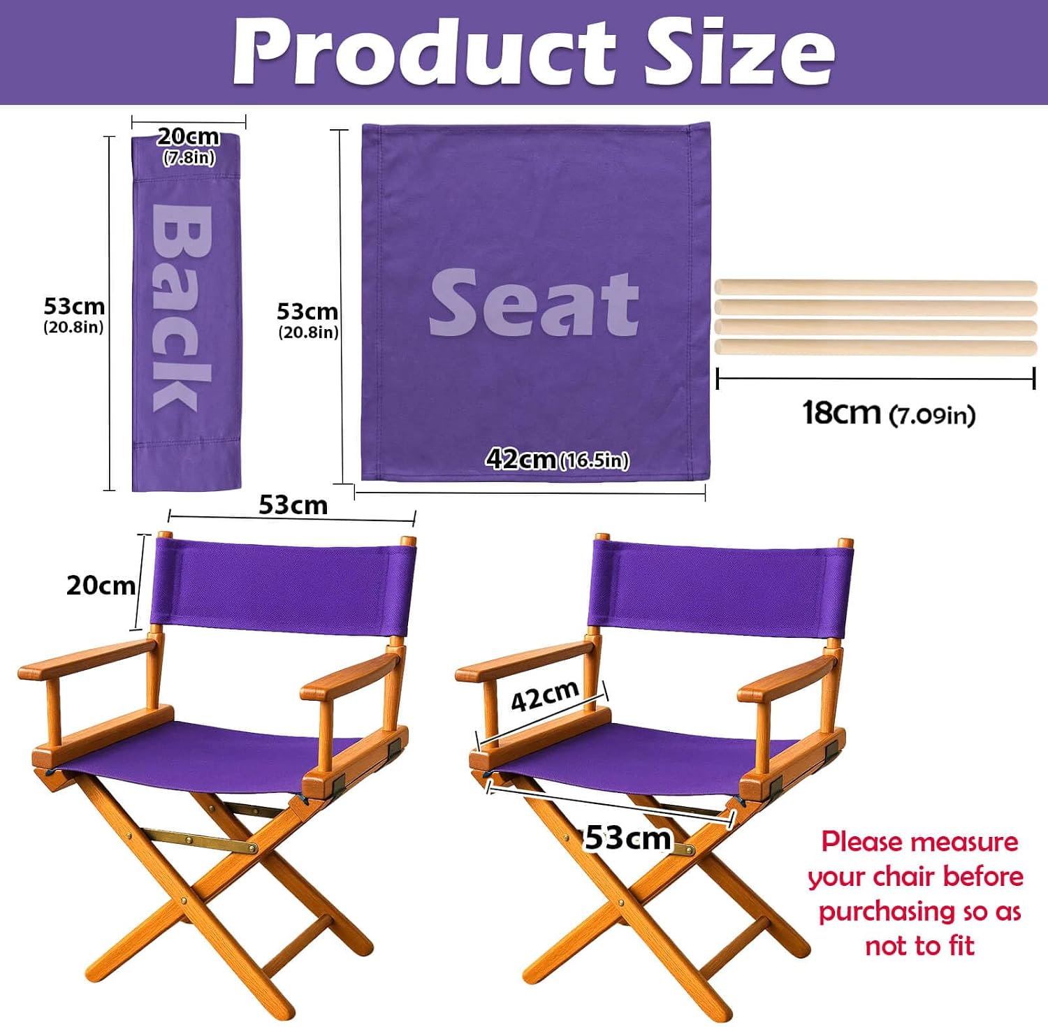 STAY GENT Director's Chair Canvas Replacement Kit 21"L x 8"W - 21"L x 16.5"W Replacement Canvas Durable Cotton Canvas Seat & Back Covers for Makeup, Movie, Show, Outdoor Patio Stools, 1 Set Purple