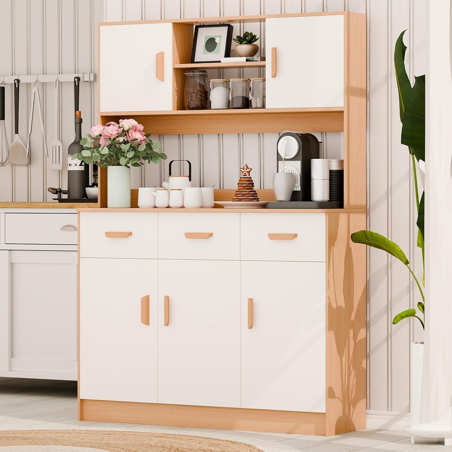 Talent Star Pantry Cabinets for Kitchen Storage, Freestanding Hutch Cabinet with Buffet Cupboard, Utility Pantry with Microwave Stand, Household Wall Tall Sideboard with 3 Drawers Wooden Color