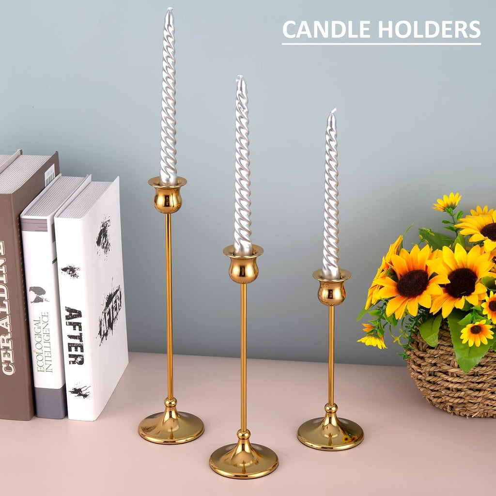 Taper Candle Holder Tall Vintage Metal Candlestick Holders Candle Stick Candelabra for Halloween Thanksgiving Christmas Holiday Wedding (Gold, 1 Set (3 pcs))