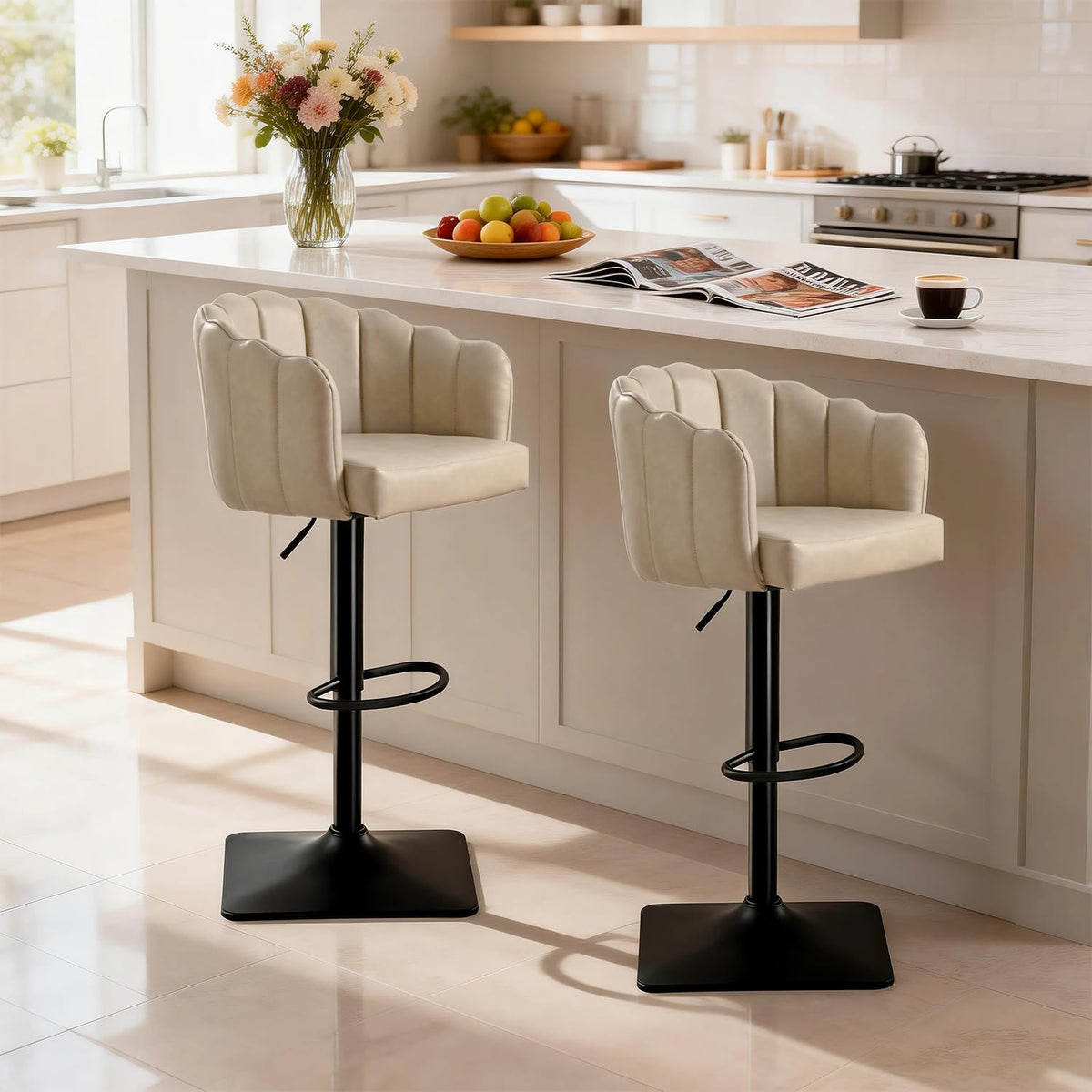 Swivel Bar Stools Set of 2: 24.8" to 32.7" Height Adjustable PU Upholstered Barstools for Counter Kitchen Island Tall Metal Bar Stool Black & Beige