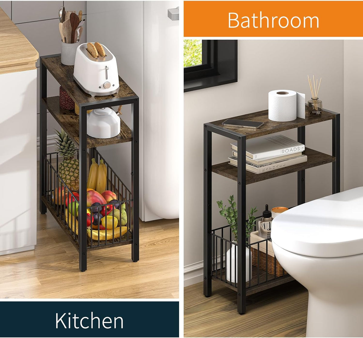 Yoobure Narrow Side Table with Storage Basket, Small End Table for Small Spaces Skinny Side Tables Living Room Bedroom, Slim Nightstand 3 Tier Bedside Table Space-Saving for Magazine, Rustic Brown