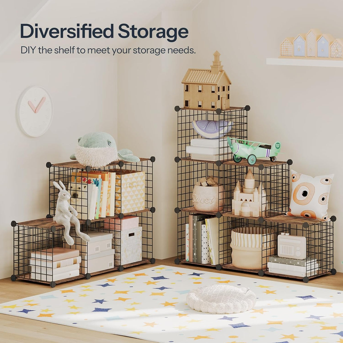 HOOBRO Foldable End Table, Gold C Shaped Side Table with Shelf, Small Snack Table, Cube Storage Organizer, 6-Cube Metal Grid Storage Shelf, Modular Cabinet, DIY Bookshelf DM29SF01-BF06CW01