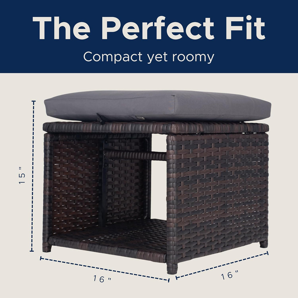 Outdoor Storage Ottoman (Set of 2) - All-Weather Wicker Patio Footstool with Washable Cushions - Sturdy Rattan Foot Rest & Hidden Box for Deck, Porch, Backyard & Balcony