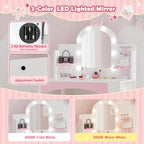 MU Kids Vanity with Lights, Princess Makeup Vanity Table and Chair Set for Girls, Toddler Vanity Desk with Open Bookshelf, Storage Cabinet & Shelves, Stools, White