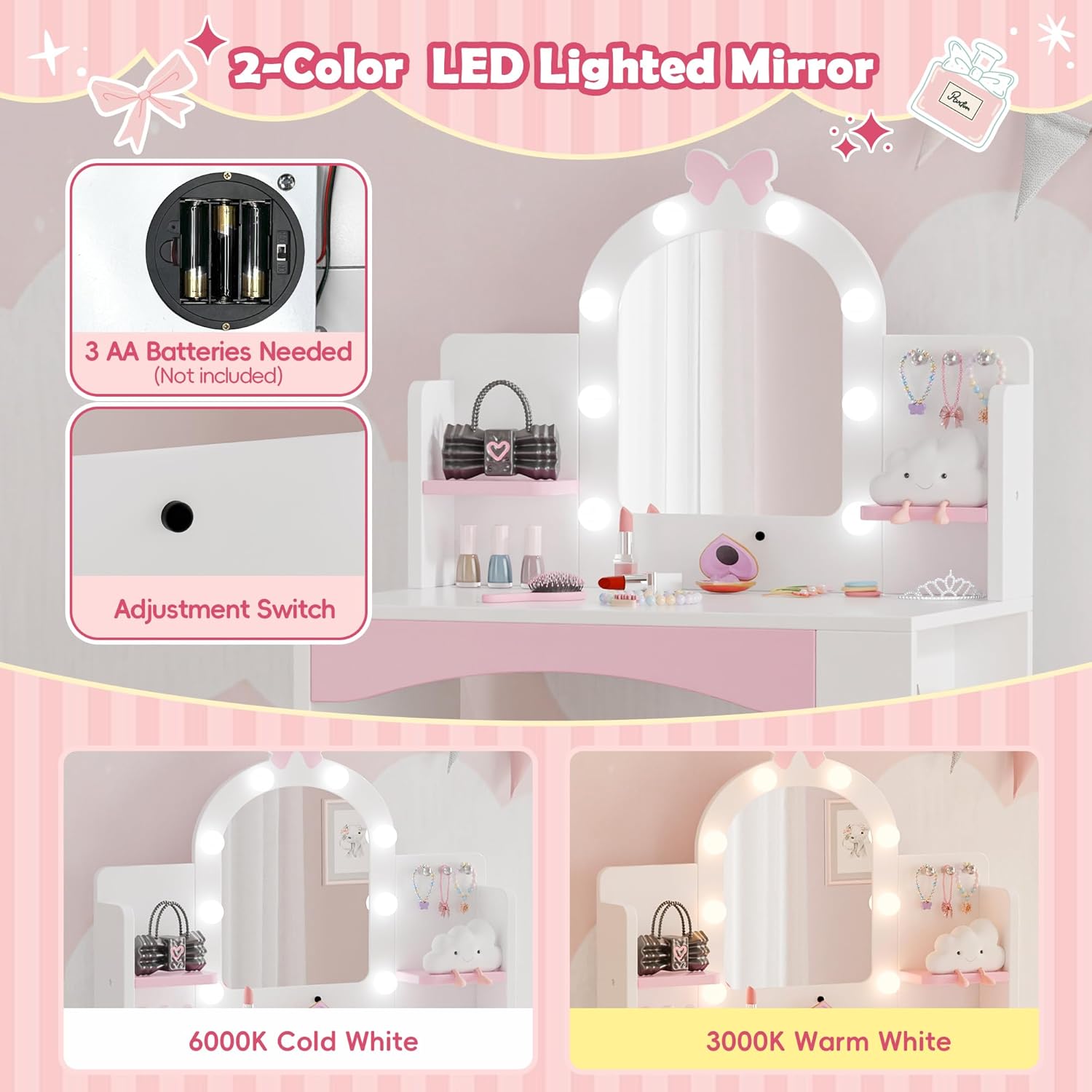 MU Kids Vanity with Lights, Princess Makeup Vanity Table and Chair Set for Girls, Toddler Vanity Desk with Open Bookshelf, Storage Cabinet & Shelves, Stools, White