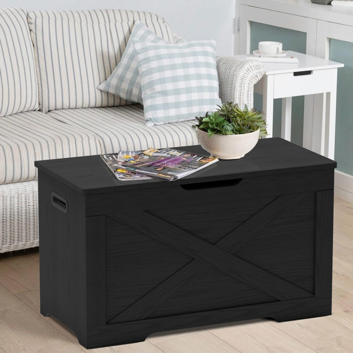 Timberer Storage Chest, Wooden Storage Bench, Entryway Shoes Bench with 2 Safety Hinges, for Living Room, Bedroom, 15.7 x 31.5 x 18.9 Inches, Black