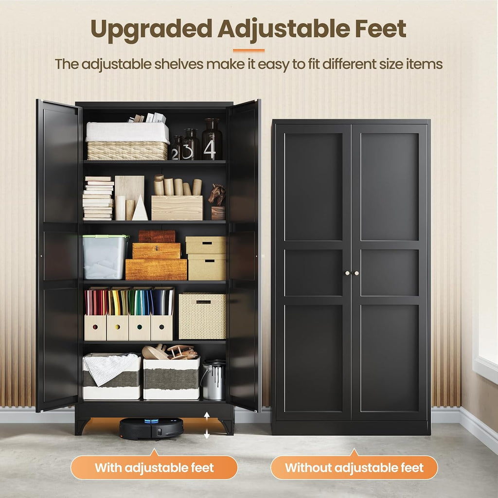 Yizosh Metal Pantry Cabinet, 75" Kitchen Pantry with 2 Door and 4 Adjustable Shelves,Black Metal Pantry Storage Cabinet,Cupboard for Kitchen,Dining Room,Living Room and Bathroom