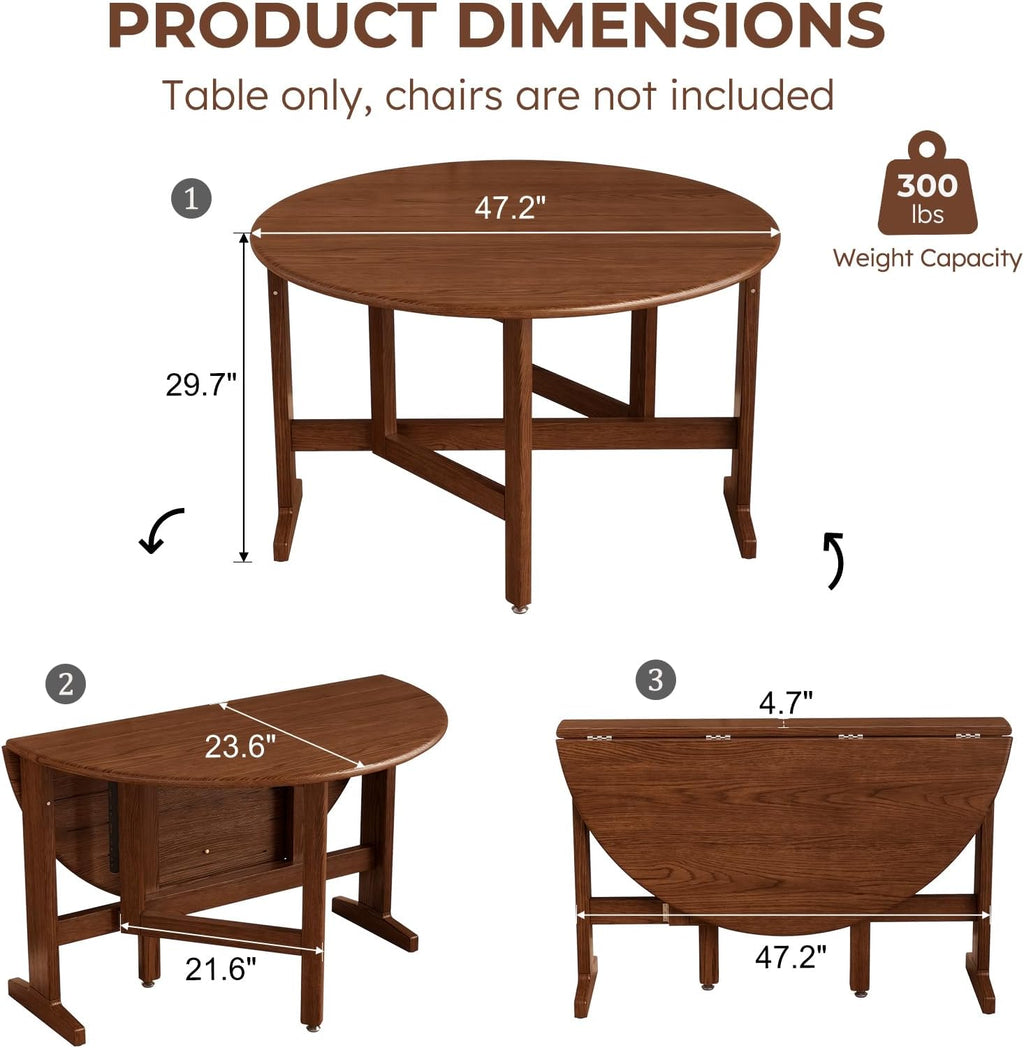 47.2" Solid Wood Small Round Dining Table, 3 in 1 Space Saving Folding Dining Table, Foldable Kitchen Table for 2-6, Round Table with Leaf, Wooden Folding Table Drop Leaf Tables for Small Spaces