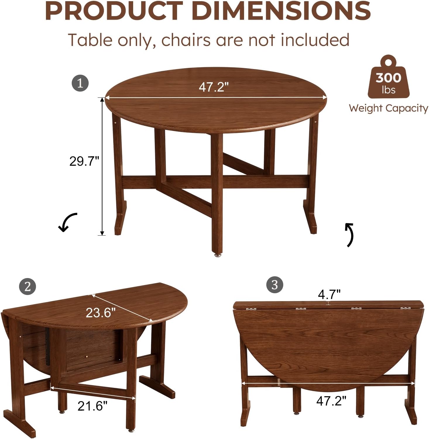 47.2" Solid Wood Small Round Dining Table, 3 in 1 Space Saving Folding Dining Table, Foldable Kitchen Table for 2-6, Round Table with Leaf, Wooden Folding Table Drop Leaf Tables for Small Spaces