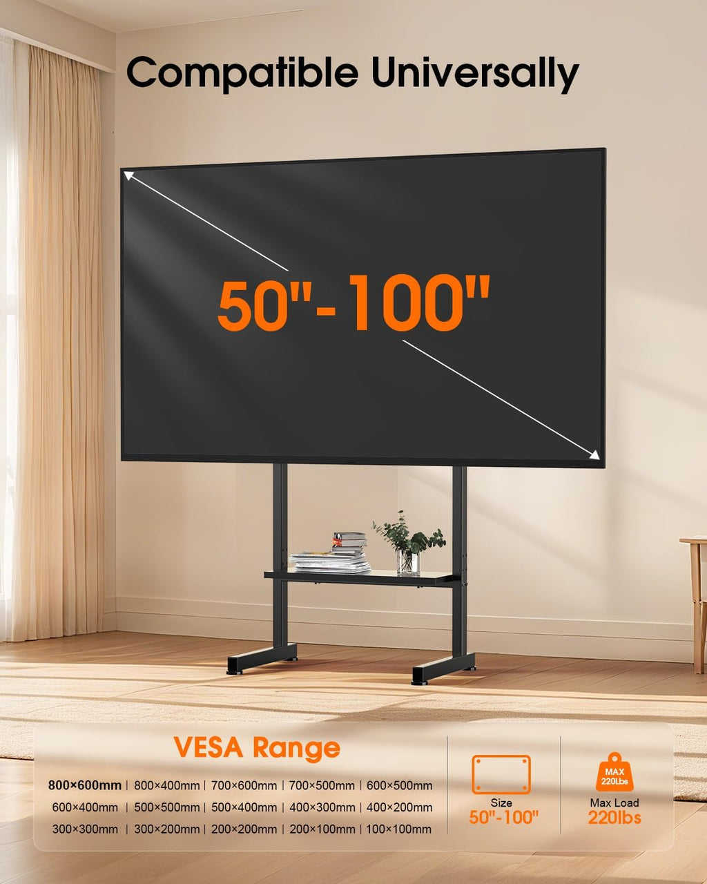Heavy Duty Floor TV Stand for 50-100 Inch TVs, 220 lbs, Max VESA 800x600mm | Large Height Adjustable Tall Steel TV Cart with Storage Shelf for Living Rooms, Offices, Gyms, Classrooms, and Events, Black
