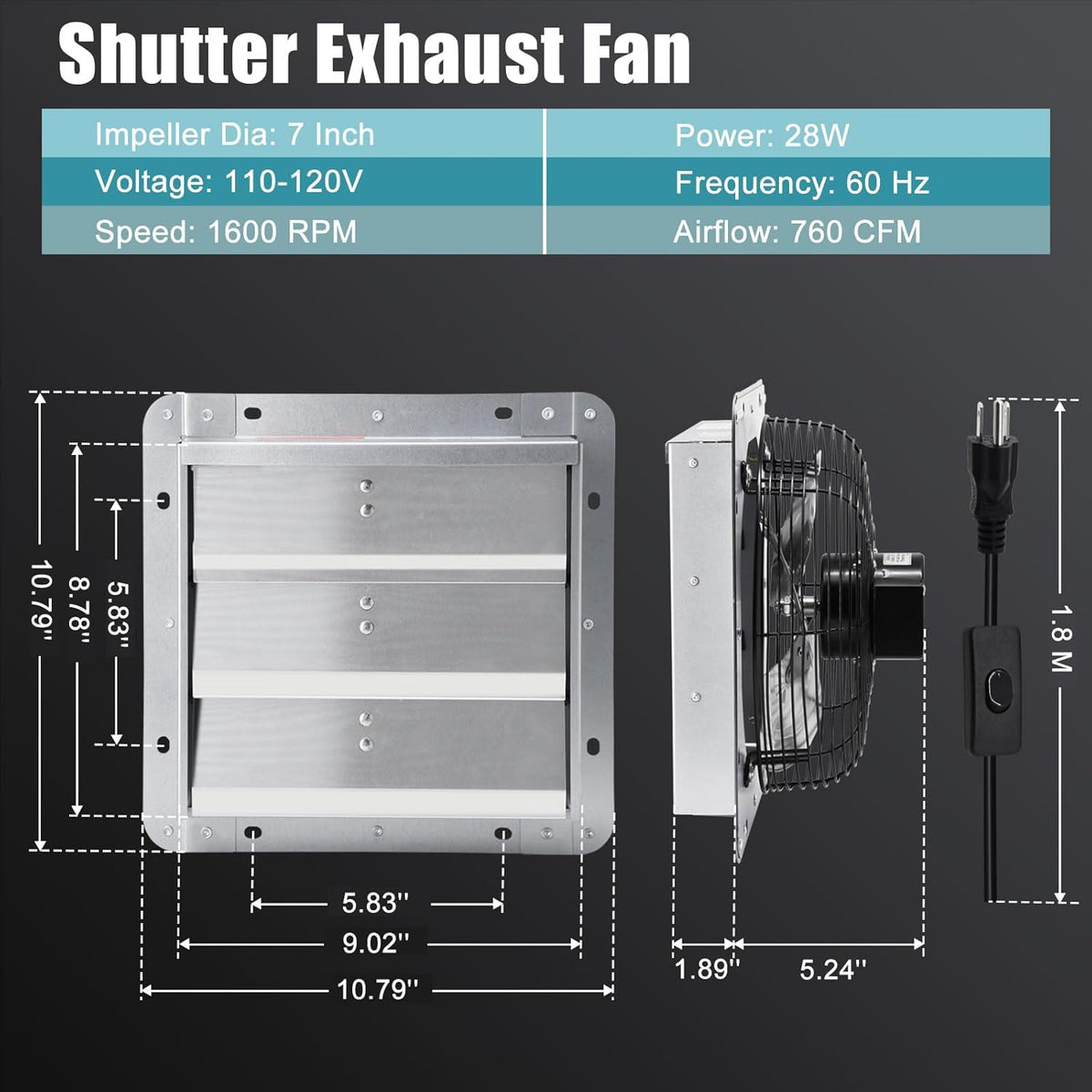 Criditpid 7 Inch Shutter Exhaust Fan, Garage Exhaust, Wall Exhaust Fan with ON/OFF Switch for Gable, Shed, Garage, Basement, Greenhouse, Kitchen, Attic, Chicken Coop Ventilation, 760 CFM, 1600 RPM.