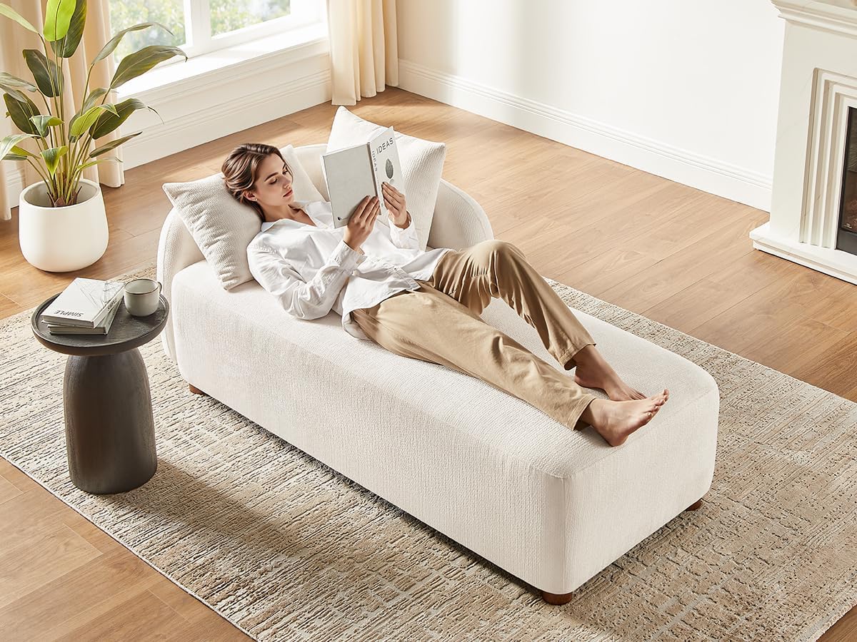 68.9" Chaise Lounge Chair Indoor with Left Facing, Chenille Beige | 2 Throw Pillows, Comfy Reading Chair, Oversized Upholstered Sleeper Chair for Living Room, Bedroom, Apartment