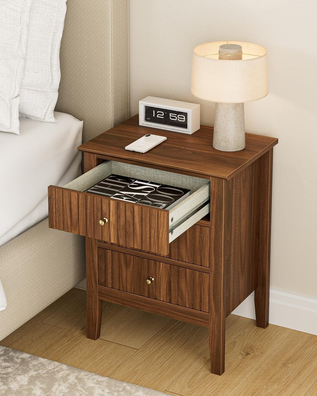 Night Stand, Fluted Nightstand Bedside Tall Farmhouse Nightstand with 3 Drawers, Mid Century Modern Side Accent Table,Bedside End Table for Bedroom, Living Room, Walnut